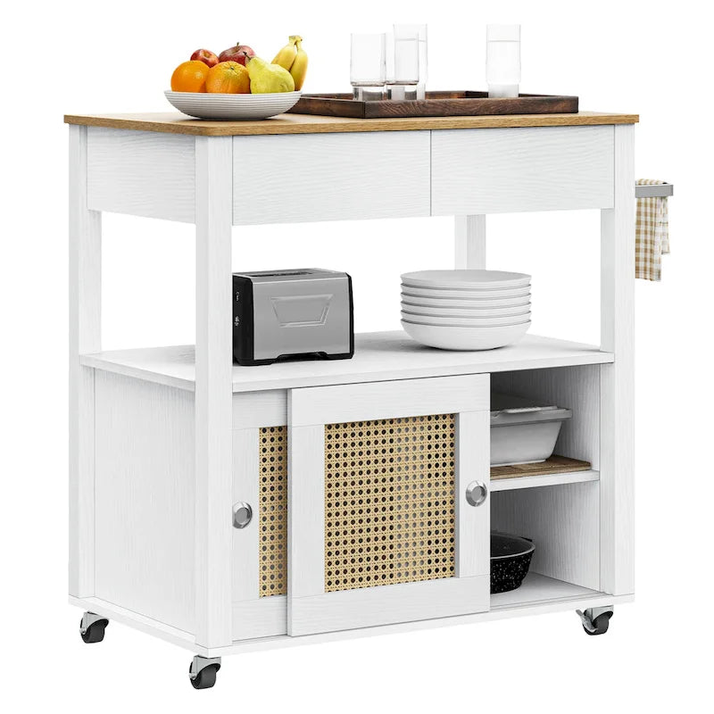 Dessert îlot de cuisine roulant en rotin avec tiroir, étagère ouverte et armoire de rangement