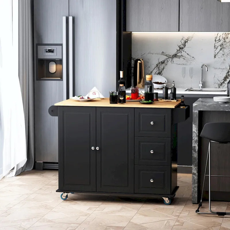 Îlot de cuisine noir roulant avec plateau rabattable en bois d'hévéa, 3 tiroirs et armoire à 2 portes