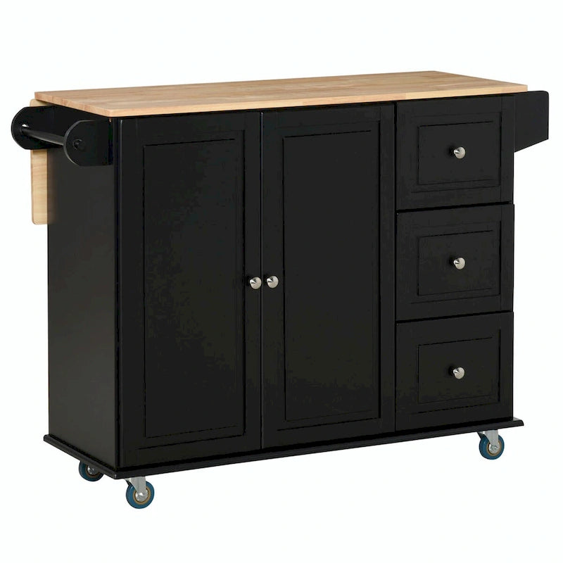 Îlot de cuisine noir roulant avec plateau rabattable en bois d'hévéa, 3 tiroirs et armoire à 2 portes