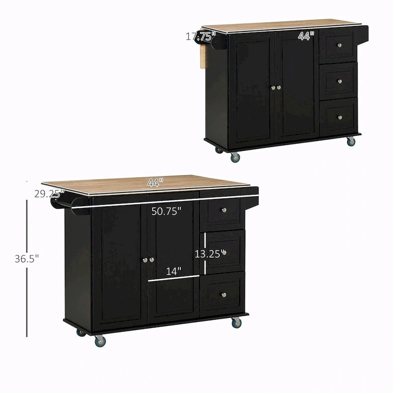 Îlot de cuisine noir roulant avec plateau rabattable en bois d'hévéa, 3 tiroirs et armoire à 2 portes