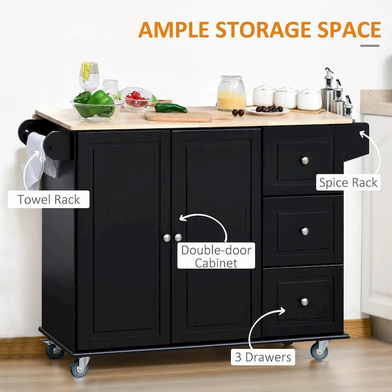 Îlot de cuisine noir roulant avec plateau rabattable en bois d'hévéa, 3 tiroirs et armoire à 2 portes