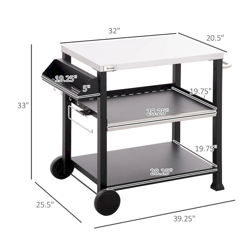 Chariot de barbecue extérieur noir avec plateau en acier inoxydable 3 étagères crochets et porte-serviettes