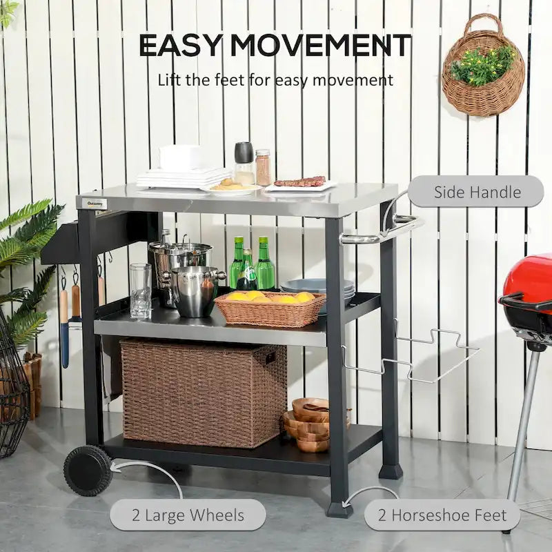 Chariot de barbecue extérieur noir avec plateau en acier inoxydable 3 étagères crochets et porte-serviettes