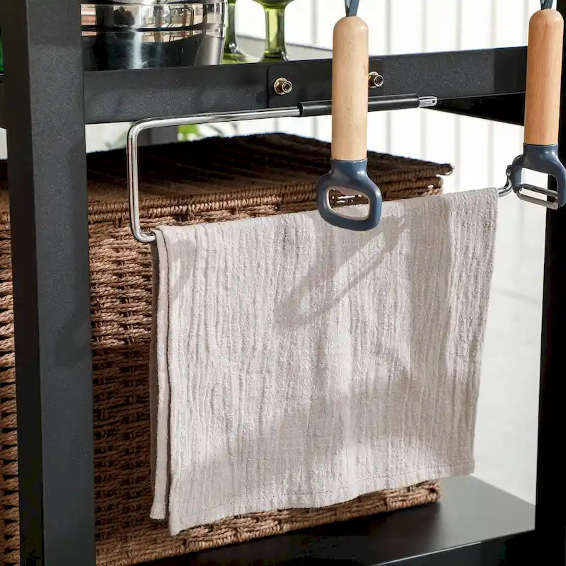 Chariot de barbecue extérieur noir avec plateau en acier inoxydable 3 étagères crochets et porte-serviettes