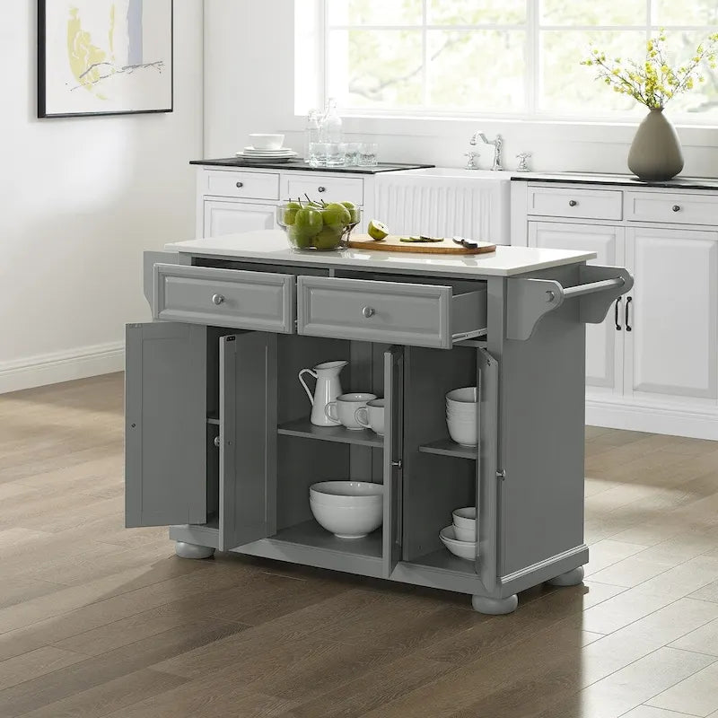 Îlot de cuisine portable gris avec dessus en granit blanc 2 tiroirs Armoire 4 portes et étagère à épices