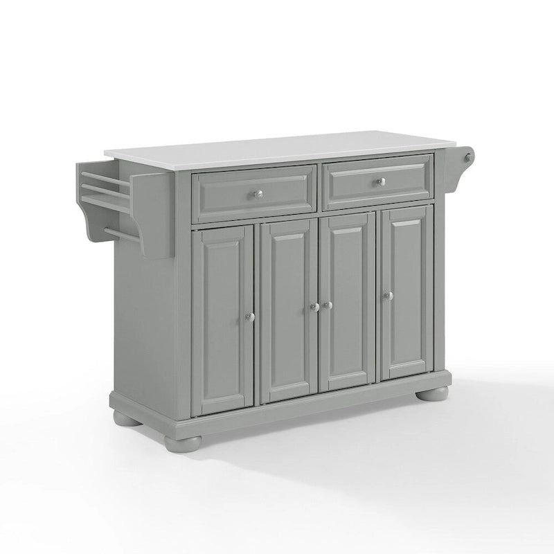 Îlot de cuisine portable gris avec dessus en granit blanc 2 tiroirs Armoire 4 portes et étagère à épices