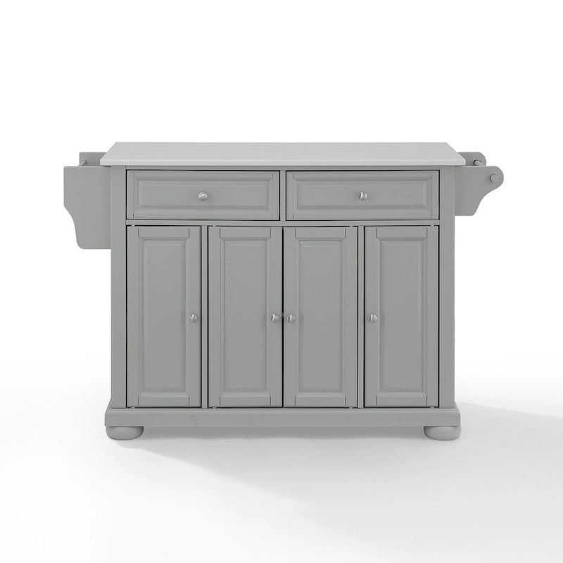 Îlot de cuisine portable gris avec dessus en granit blanc 2 tiroirs Armoire 4 portes et étagère à épices