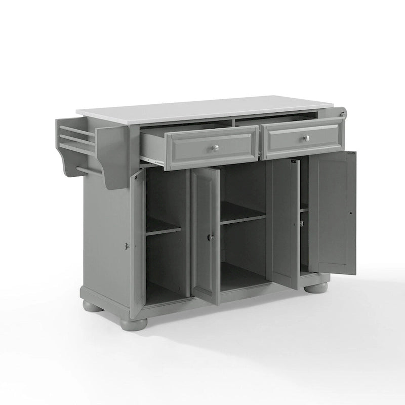 Îlot de cuisine portable gris avec dessus en granit blanc 2 tiroirs Armoire 4 portes et étagère à épices