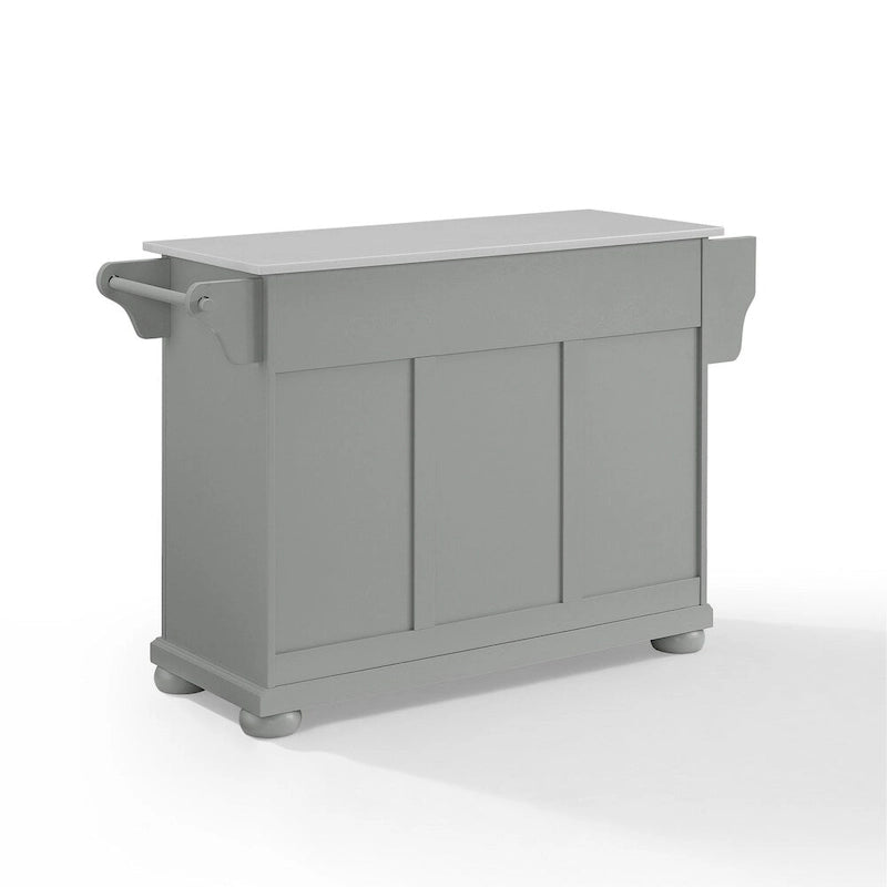 Îlot de cuisine portable gris avec dessus en granit blanc 2 tiroirs Armoire 4 portes et étagère à épices