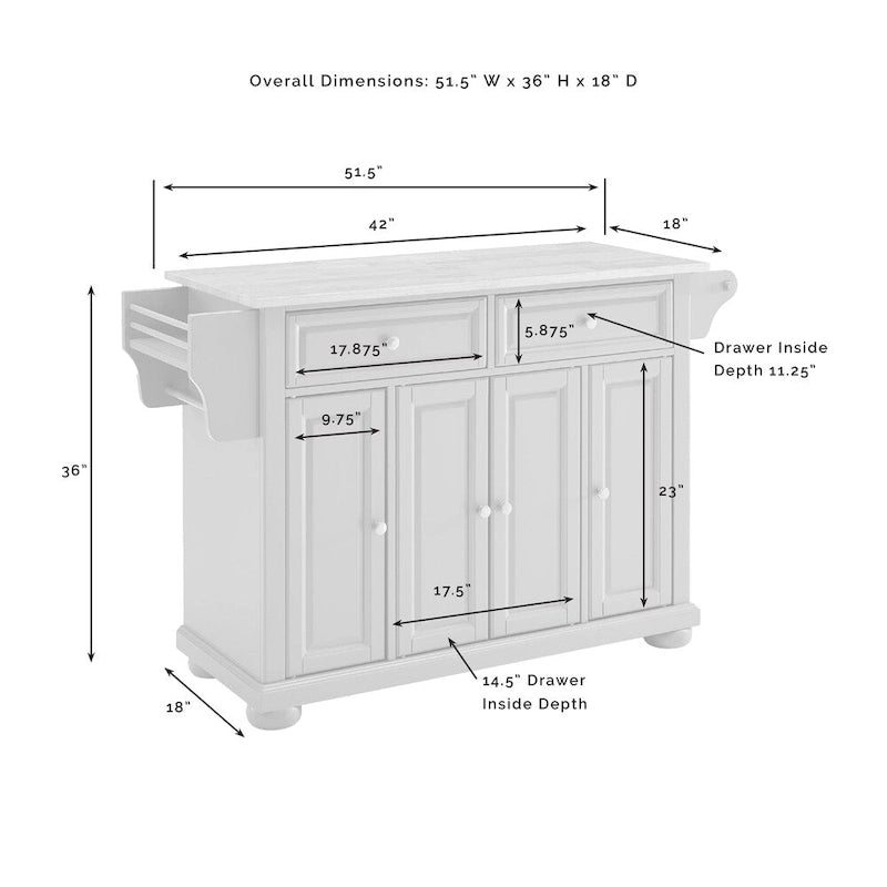 Îlot de cuisine portable gris avec dessus en granit blanc 2 tiroirs Armoire 4 portes et étagère à épices