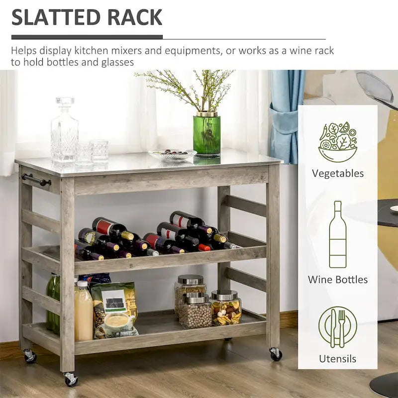 Desserte de cuisine roulante grise avec plateau en acier inoxydable, étagère à lattes et porte-serviettes