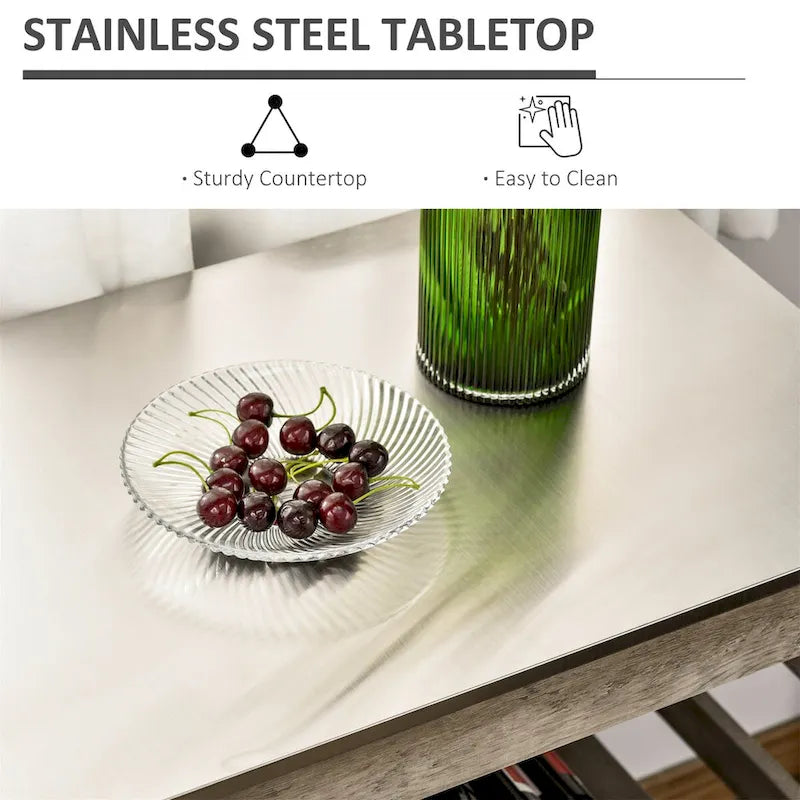 Desserte de cuisine roulante grise avec plateau en acier inoxydable, étagère à lattes et porte-serviettes