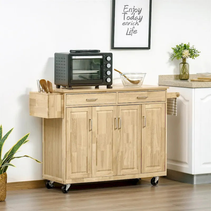 Îlot de cuisine roulant en hévéa avec 2 tiroirs, 3 armoires, porte-couteaux et étagère à épices