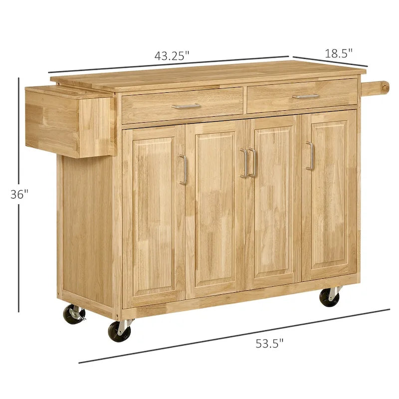 Îlot de cuisine roulant en hévéa avec 2 tiroirs, 3 armoires, porte-couteaux et étagère à épices