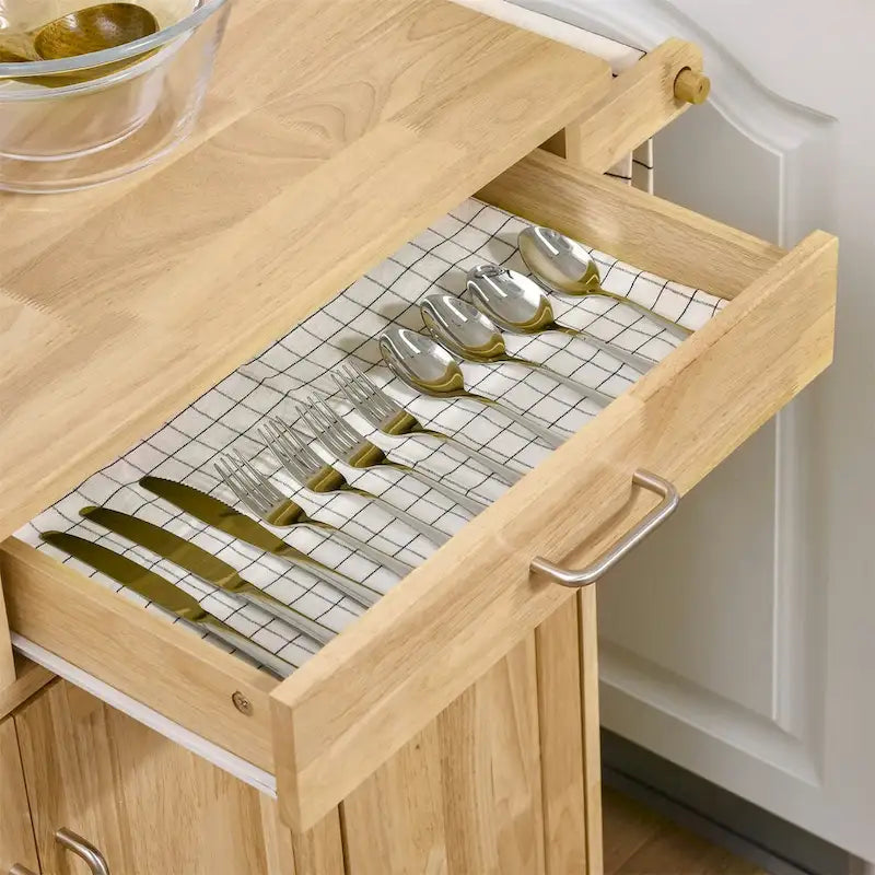 Îlot de cuisine roulant en hévéa avec 2 tiroirs, 3 armoires, porte-couteaux et étagère à épices