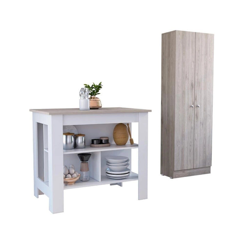 Ensemble de cuisine 2 pièces blanc et gris clair avec îlot et meuble de garde-manger à 8 étagères