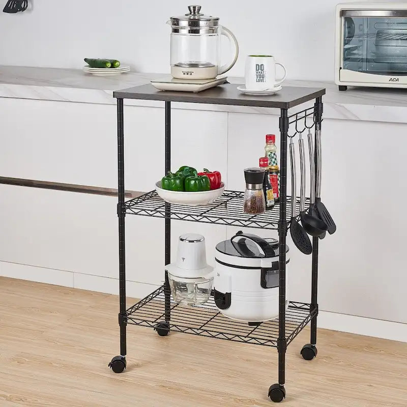 Chariot de cuisine utilitaire roulant à 3 niveaux noir avec plateau en bois et roulettes verrouillables