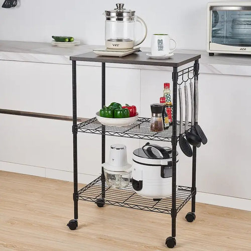 Chariot de cuisine utilitaire roulant à 3 niveaux noir avec plateau en bois et roulettes verrouillables