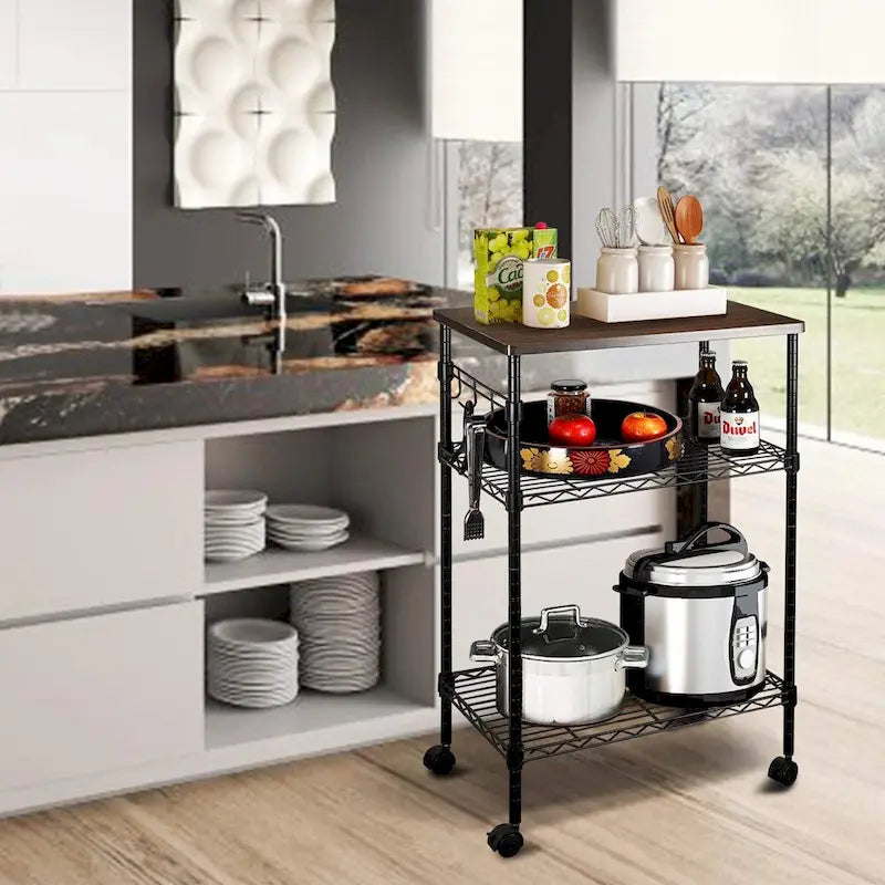 Chariot de cuisine utilitaire roulant à 3 niveaux noir avec plateau en bois et roulettes verrouillables