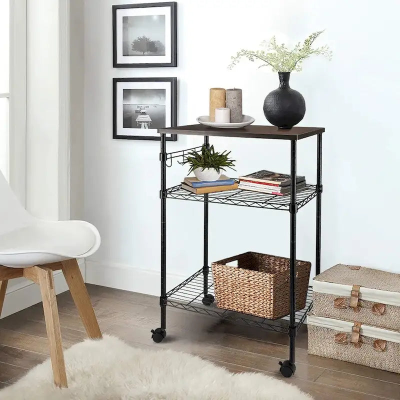 Chariot de cuisine utilitaire roulant à 3 niveaux noir avec plateau en bois et roulettes verrouillables