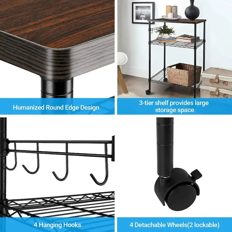 Chariot de cuisine utilitaire roulant à 3 niveaux noir avec plateau en bois et roulettes verrouillables