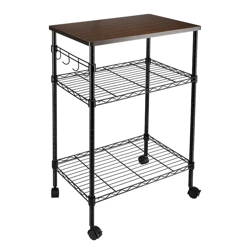 Chariot de cuisine utilitaire roulant à 3 niveaux noir avec plateau en bois et roulettes verrouillables