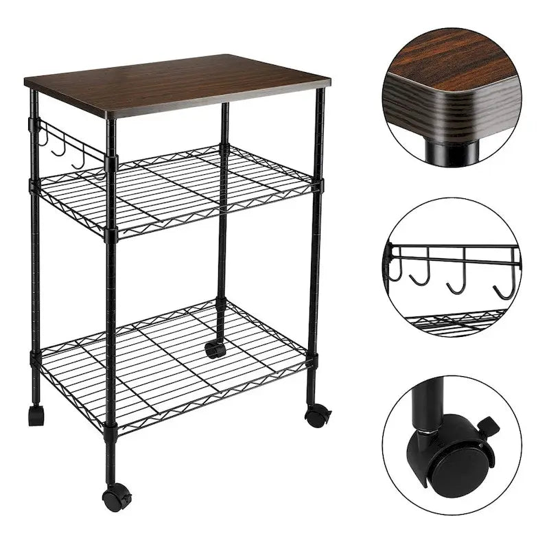 Chariot de cuisine utilitaire roulant à 3 niveaux noir avec plateau en bois et roulettes verrouillables