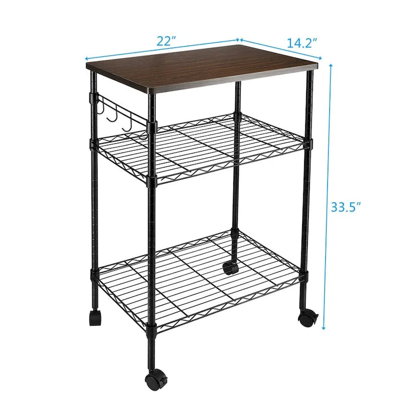 Chariot de cuisine utilitaire roulant à 3 niveaux noir avec plateau en bois et roulettes verrouillables