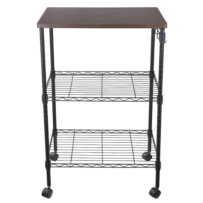 Chariot de cuisine utilitaire roulant à 3 niveaux noir avec plateau en bois et roulettes verrouillables