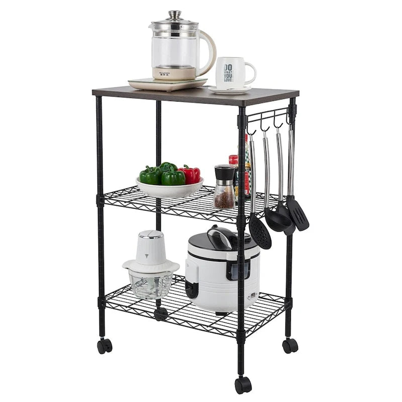 Chariot de cuisine utilitaire roulant à 3 niveaux noir avec plateau en bois et roulettes verrouillables