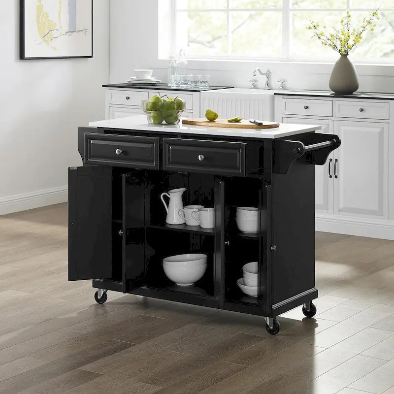 Îlot de cuisine portable noir avec dessus en granit, 3 armoires, 2 tiroirs et porte-épices
