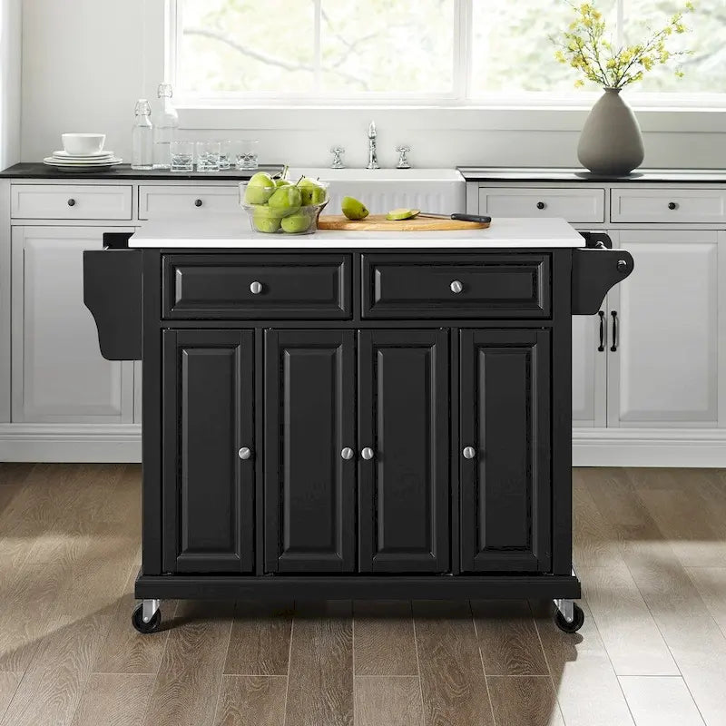 Îlot de cuisine portable noir avec dessus en granit, 3 armoires, 2 tiroirs et porte-épices