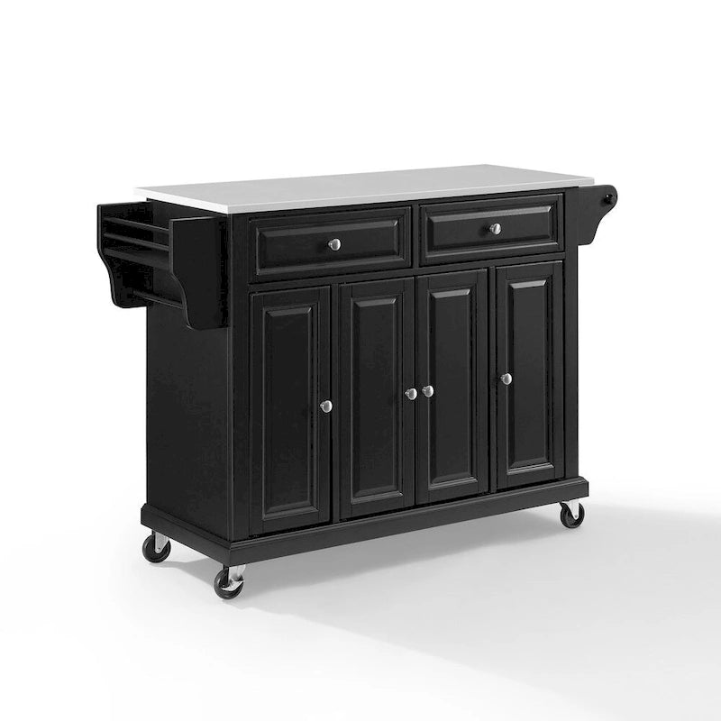 Îlot de cuisine portable noir avec dessus en granit, 3 armoires, 2 tiroirs et porte-épices