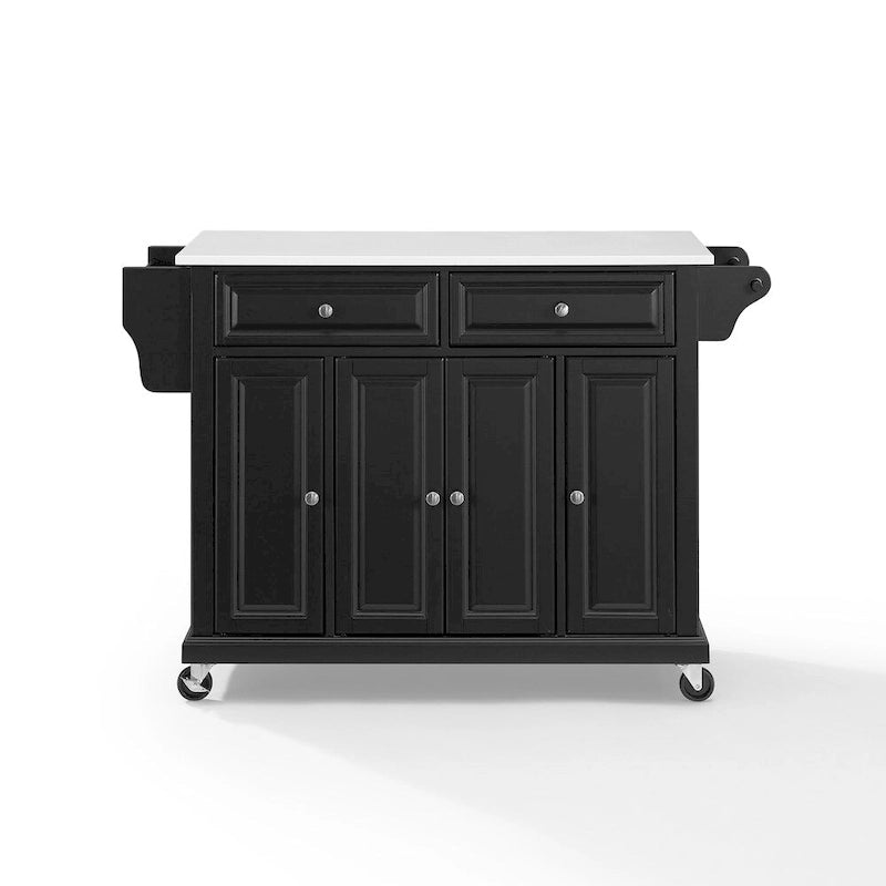 Îlot de cuisine portable noir avec dessus en granit, 3 armoires, 2 tiroirs et porte-épices