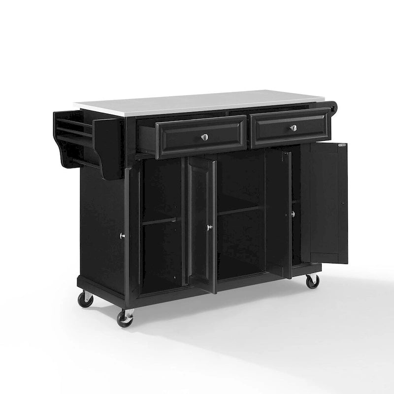 Îlot de cuisine portable noir avec dessus en granit, 3 armoires, 2 tiroirs et porte-épices