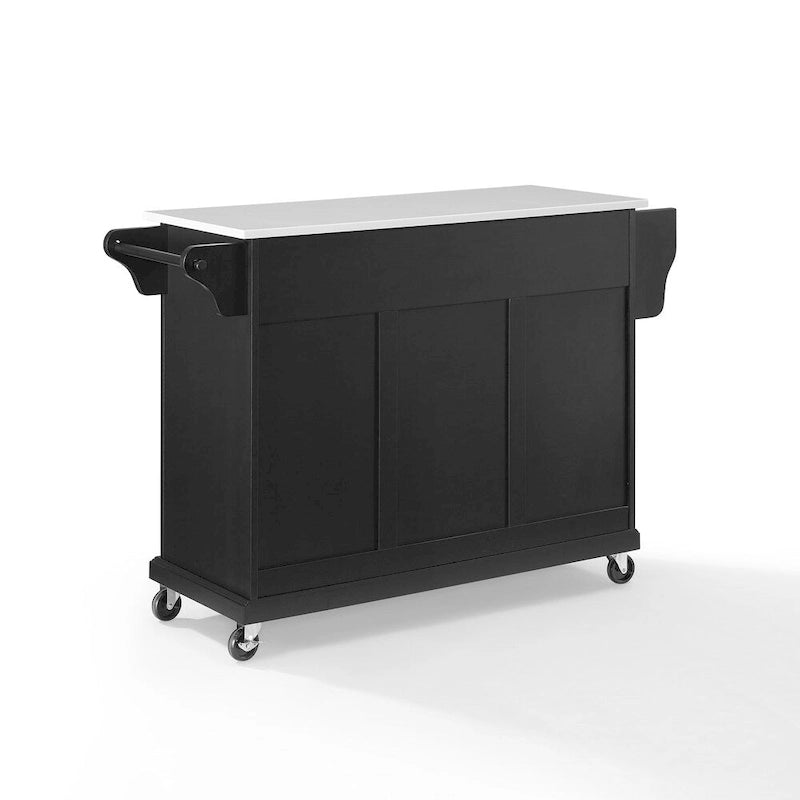 Îlot de cuisine portable noir avec dessus en granit, 3 armoires, 2 tiroirs et porte-épices