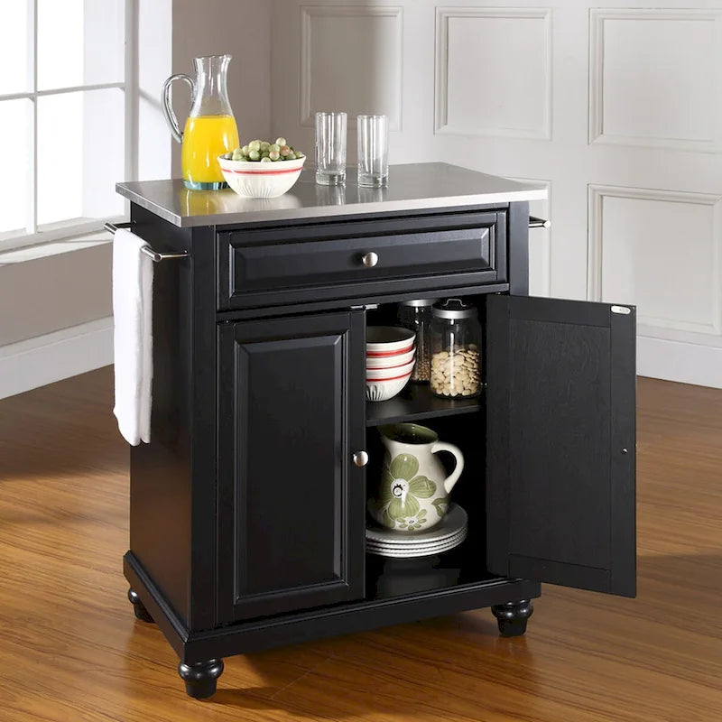 Îlot de cuisine portable noir avec tiroir d'armoire et barres porte-serviettes en acier inoxydable