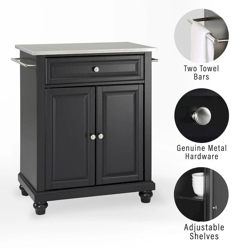 Îlot de cuisine portable noir avec tiroir d'armoire et barres porte-serviettes en acier inoxydable