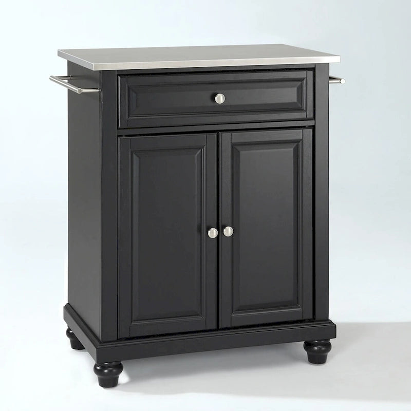 Îlot de cuisine portable noir avec tiroir d'armoire et barres porte-serviettes en acier inoxydable