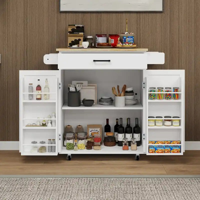 Desservante de cuisine blanche roulante avec dessus en hévéa, tiroir, armoire à 2 portes et étagères latérales