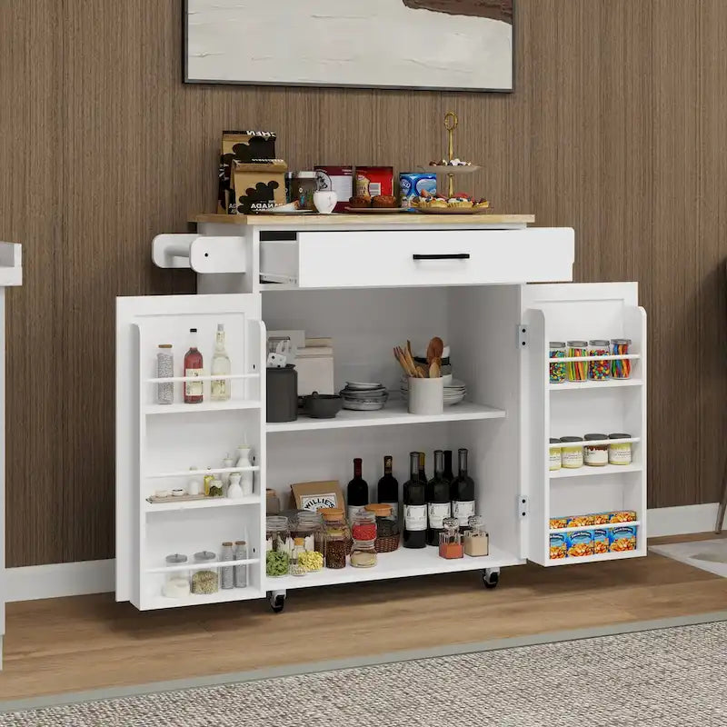 Desservante de cuisine blanche roulante avec dessus en hévéa, tiroir, armoire à 2 portes et étagères latérales
