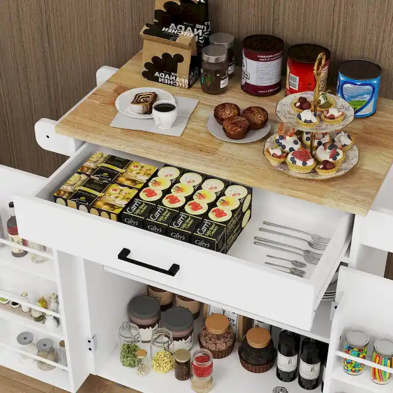 Desservante de cuisine blanche roulante avec dessus en hévéa, tiroir, armoire à 2 portes et étagères latérales