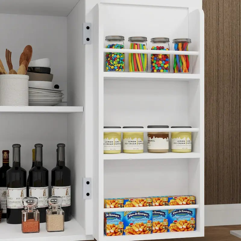 Desservante de cuisine blanche roulante avec dessus en hévéa, tiroir, armoire à 2 portes et étagères latérales