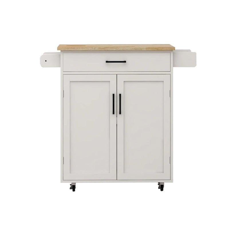 Desservante de cuisine blanche roulante avec dessus en hévéa, tiroir, armoire à 2 portes et étagères latérales