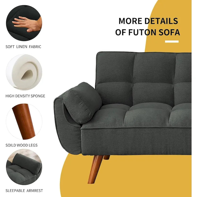Canapé-lit futon de 75,39 pouces, canapé-lit pliant convertible inclinable pour salon avec 2 oreillers/accoudoirs