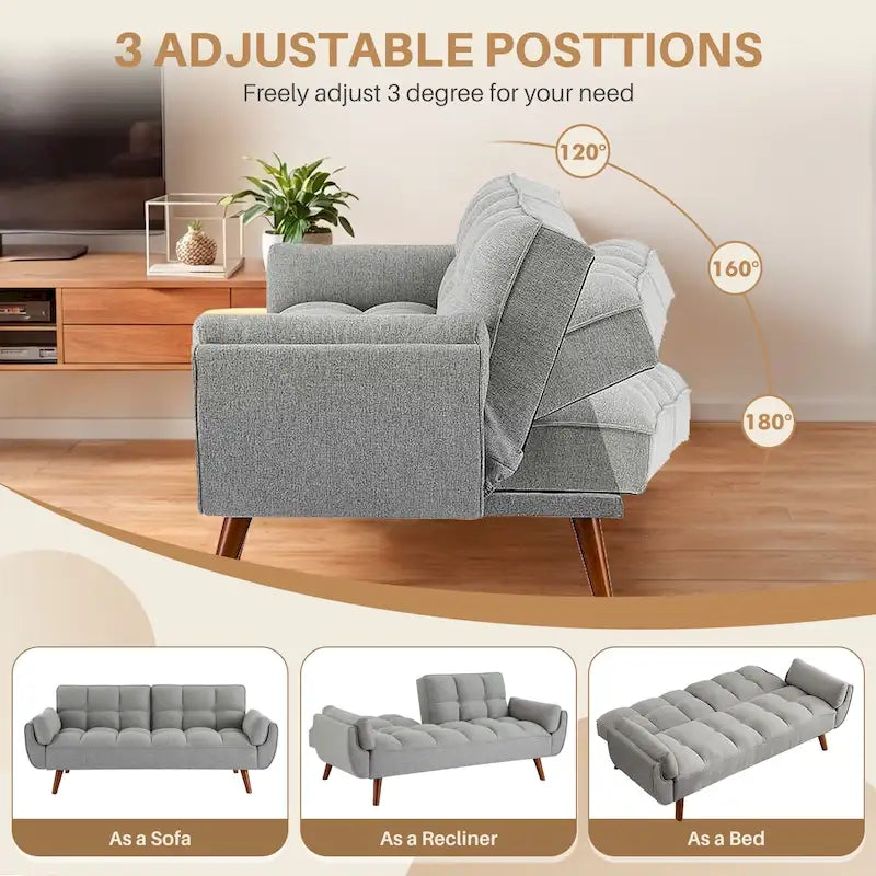 Canapé-lit futon de 75,39 pouces, canapé-lit pliant convertible inclinable pour salon avec 2 oreillers/accoudoirs