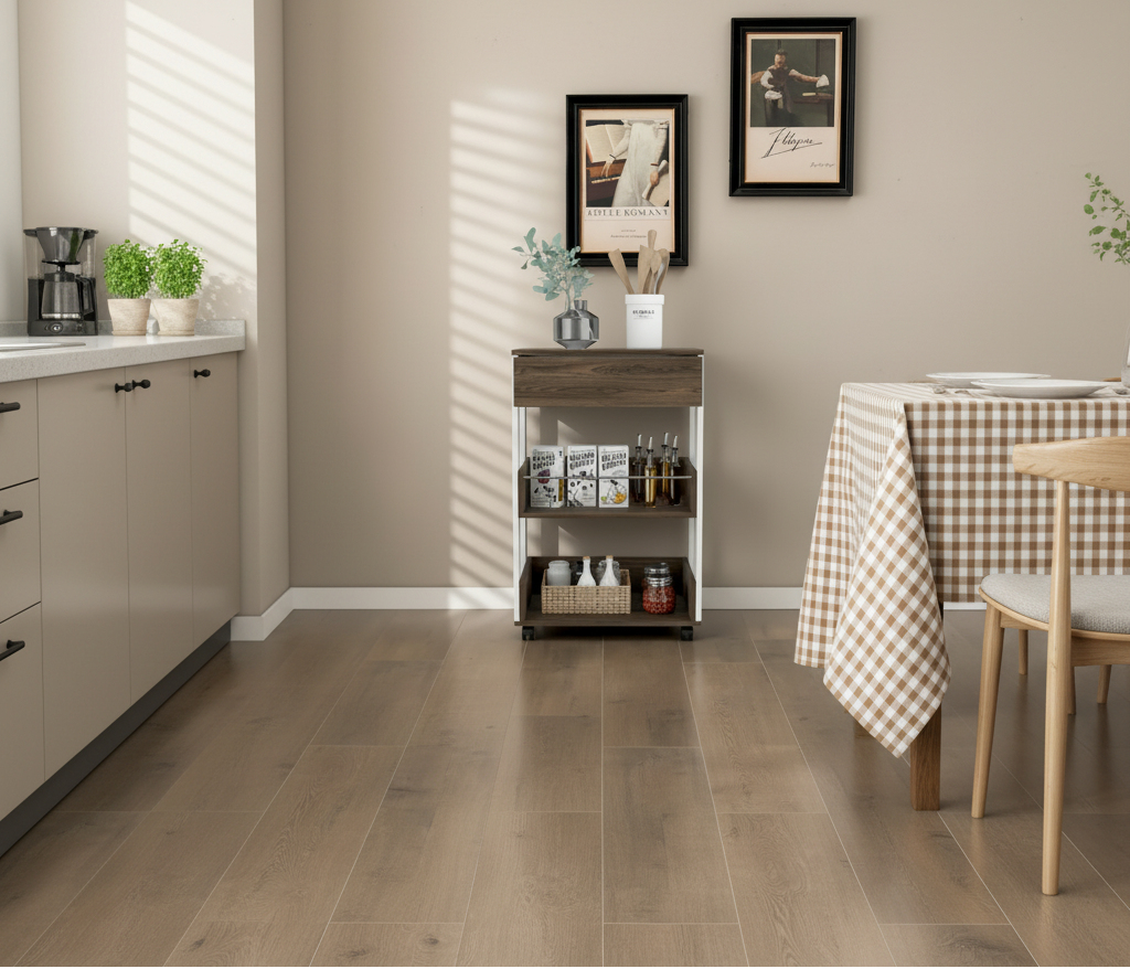 Wide View - White and Dark Brown Rolling Kitchen Cart